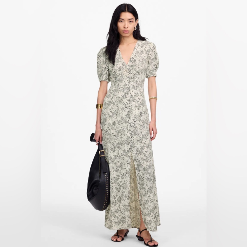 Madewell Cream and Black V-Neck Floral Midi Dress with Puff Sleeves